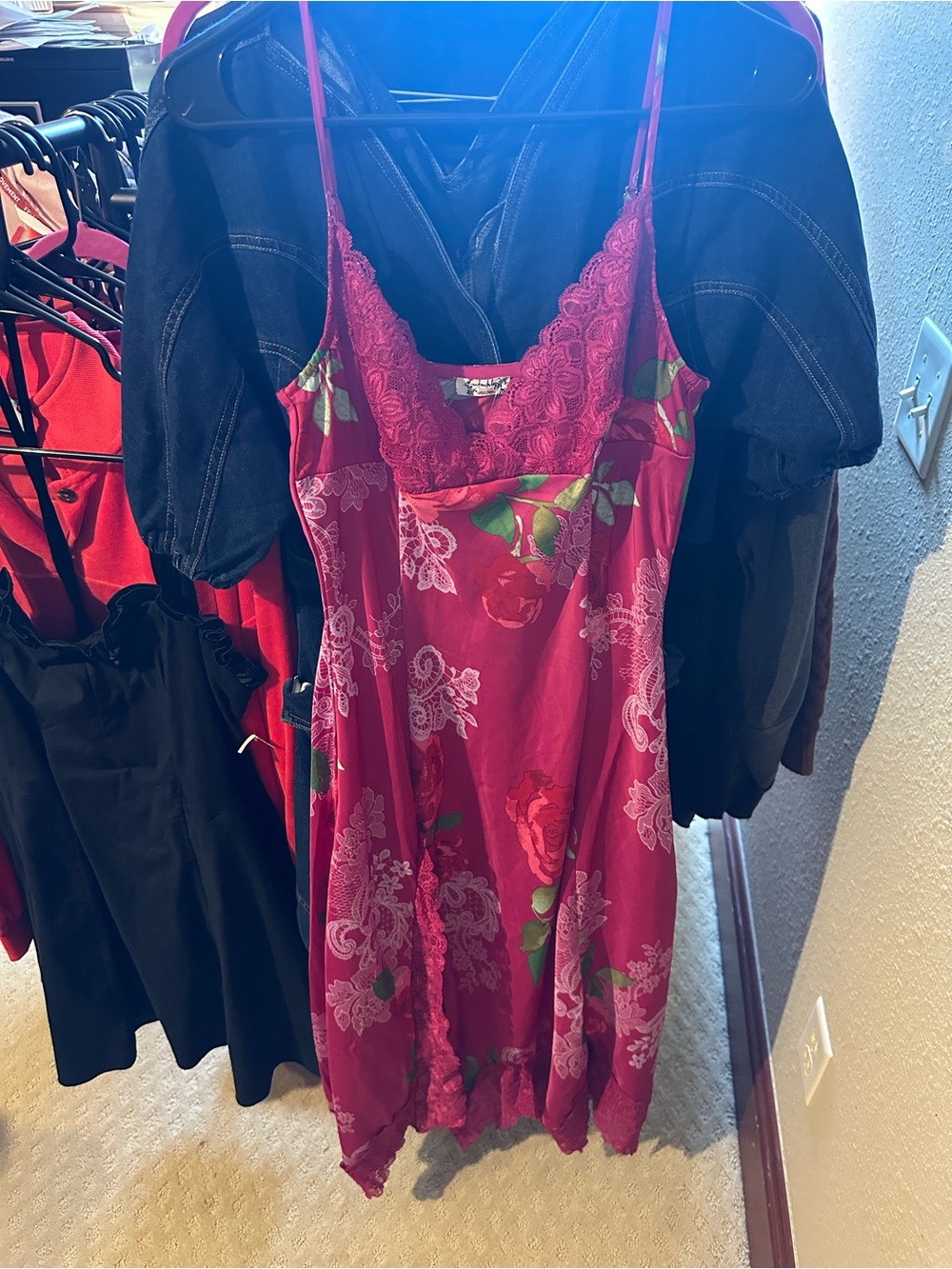 Free People Floral Lace-Trim Slip Dress in Deep Rose - Picture 2 of 3
